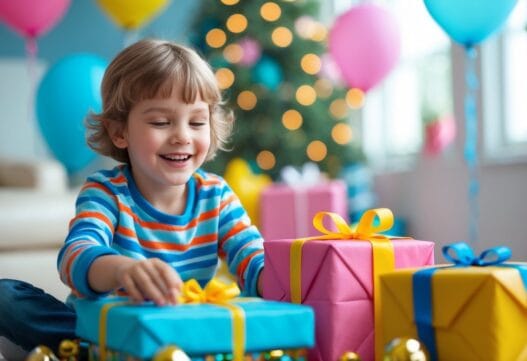 Farverig gaveidé til en 7-årig dreng eller pige, med legetøj og sjove aktiviteter.